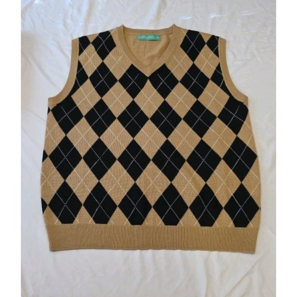 Golf Knickers Tan, Camel Black Argyle Wool Blend Preppy Sweater Vest Size XL